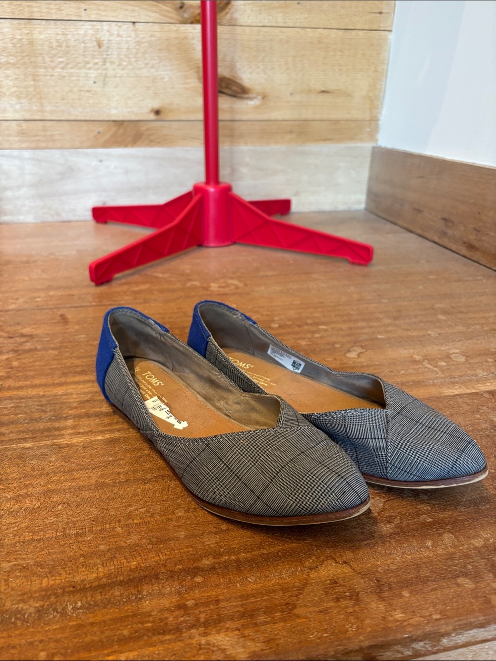 Toms Women's Gray Plaid Pointed Flats with Blue Heel